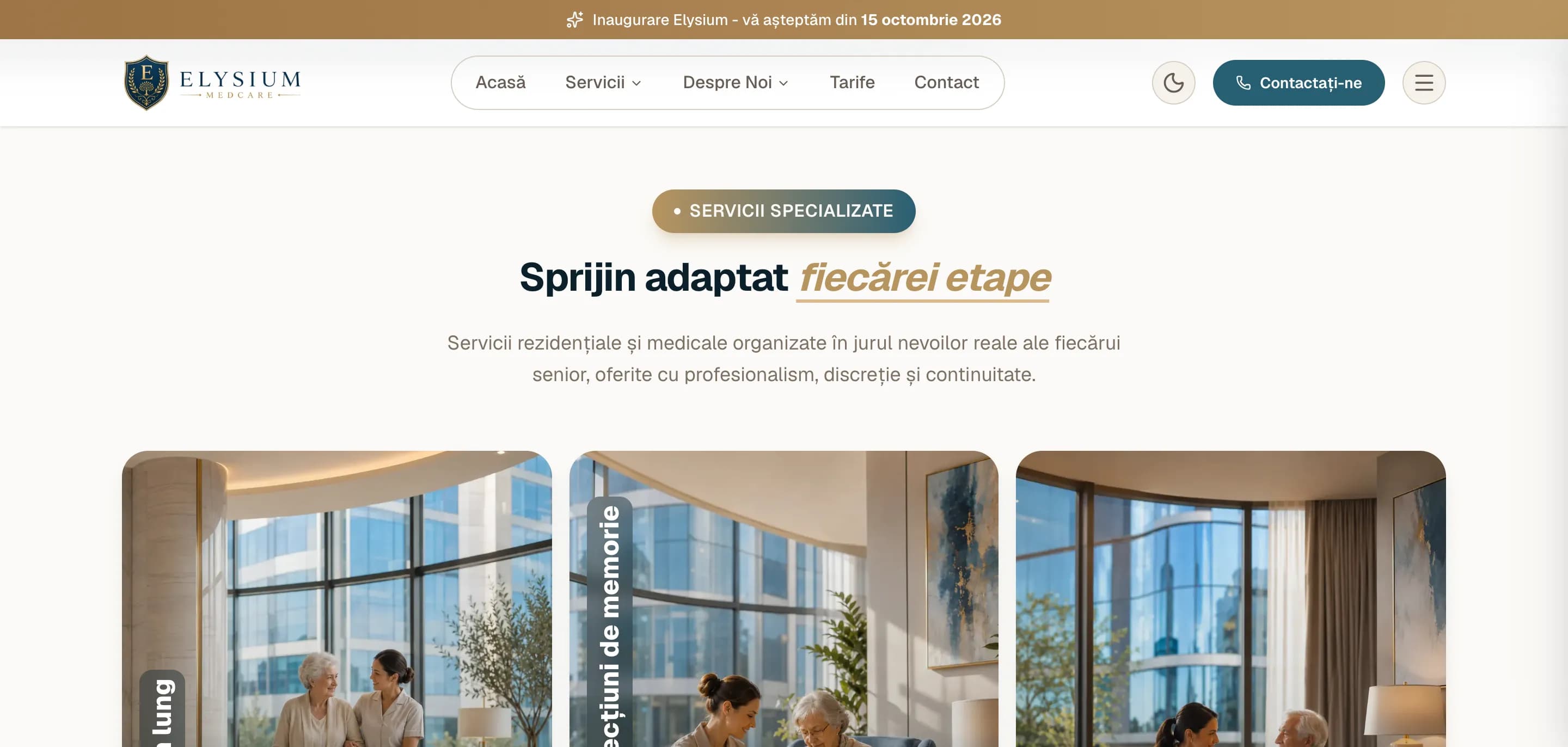 Secțiunea de servicii, cu trei carduri pentru tipurile de îngrijire