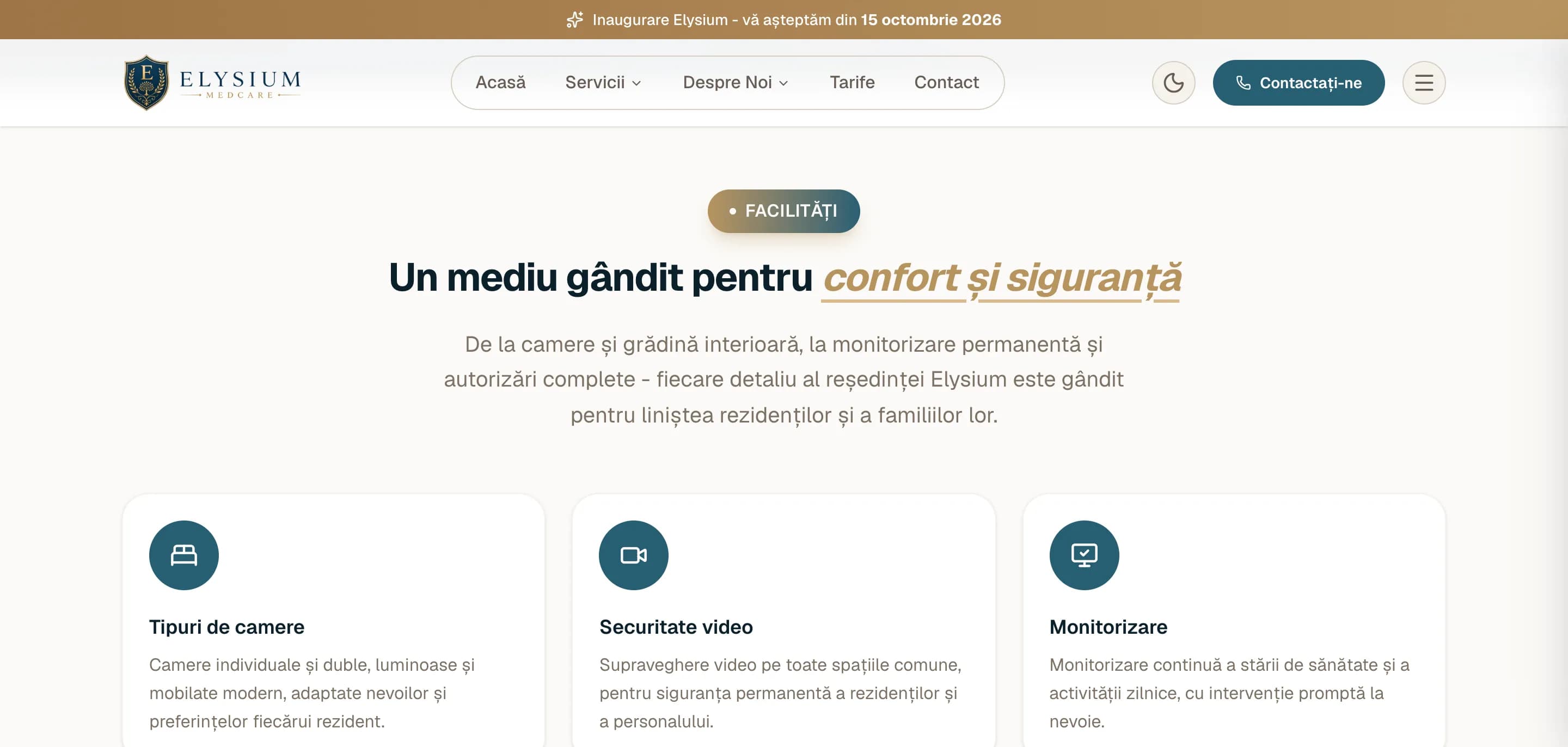 Pagina de facilități, cu carduri pentru camere, securitate și monitorizare