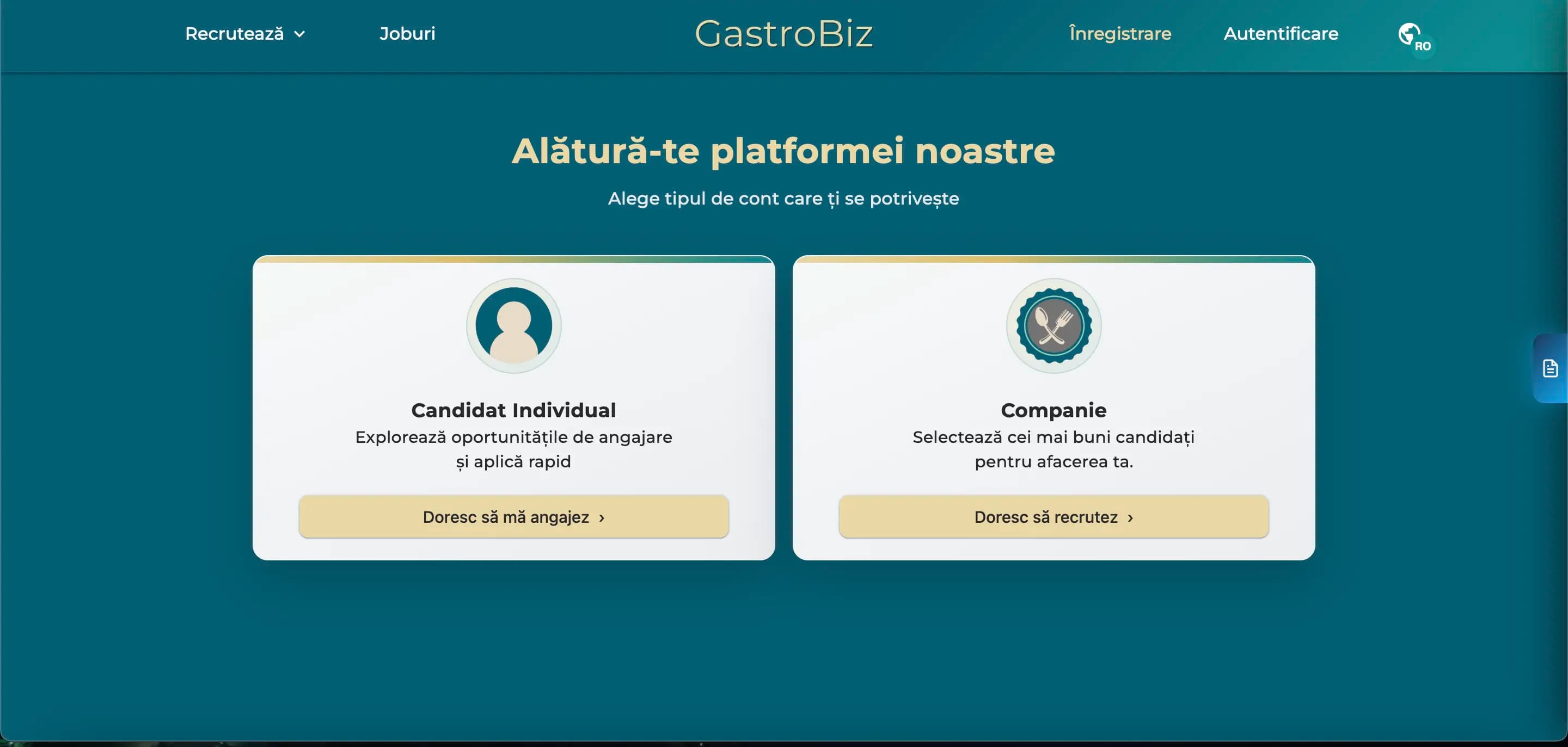 Ecranul de alegere între cont de candidat și cont de companie
