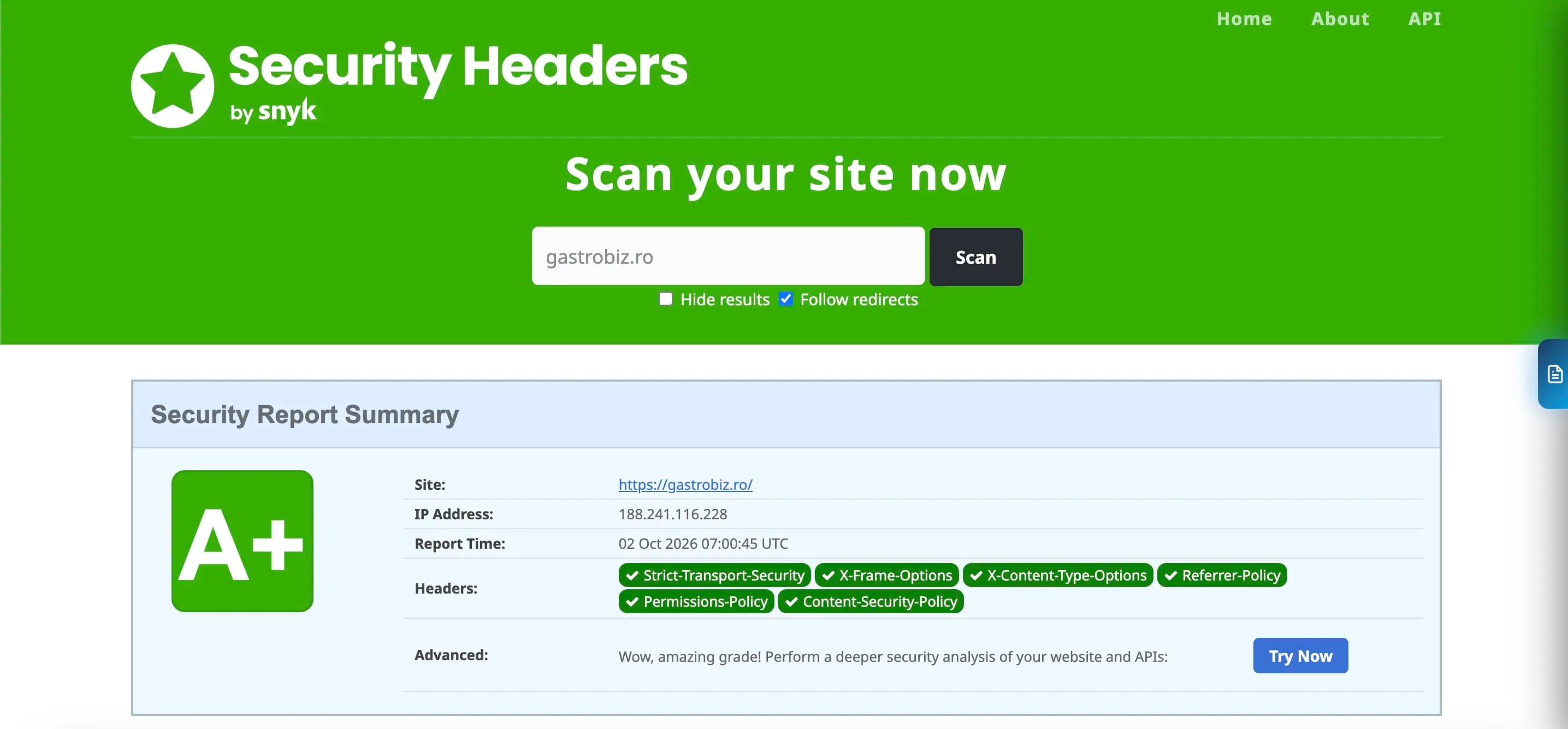 Raportul Security Headers pentru gastrobiz.ro, cu nota A+